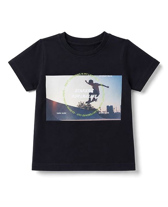 Pine Kids Cotton Knit Half Sleeves T-Shirt with Skating Graphics - Black