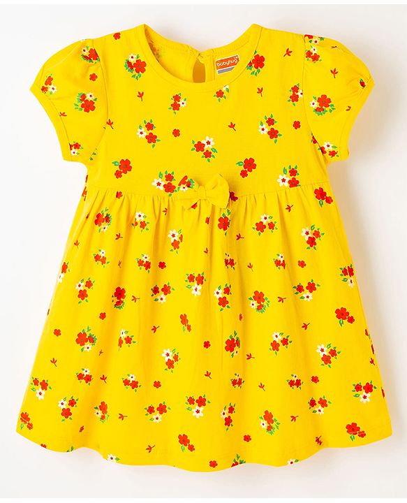 Babyhug Single Jersey Knit Half Sleeves Floral Printed Frock with Bloomer & Bow Applique - Yellow