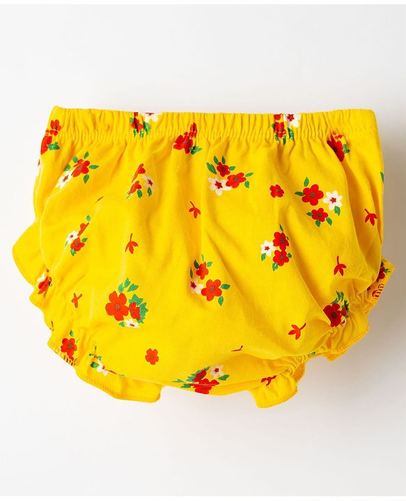 Babyhug Single Jersey Knit Half Sleeves Floral Printed Frock with Bloomer & Bow Applique - Yellow