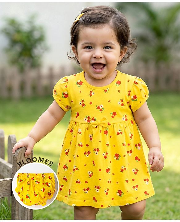 Babyhug Single Jersey Knit Half Sleeves Floral Printed Frock with Bloomer & Bow Applique - Yellow