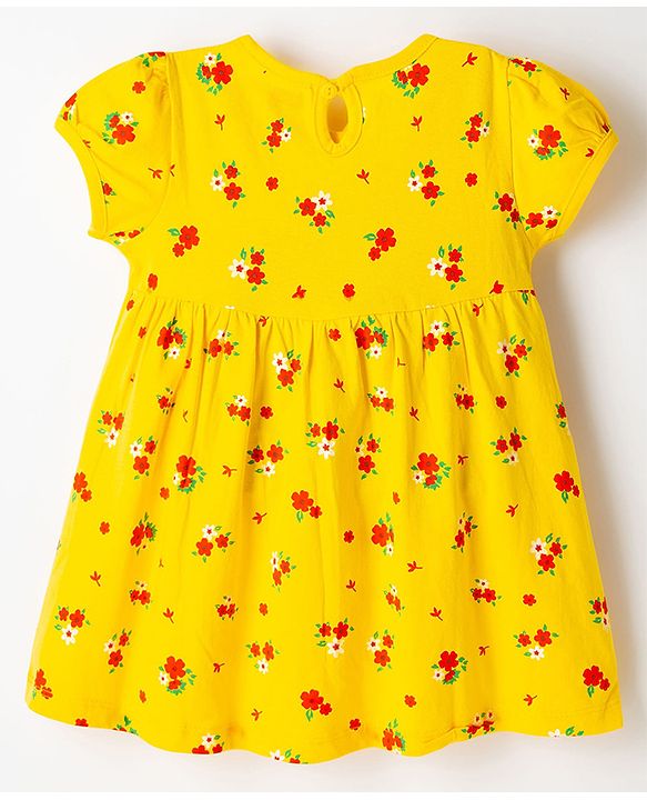 Babyhug Single Jersey Knit Half Sleeves Floral Printed Frock with Bloomer & Bow Applique - Yellow