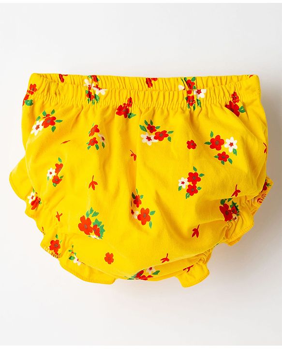 Babyhug Single Jersey Knit Half Sleeves Floral Printed Frock with Bloomer & Bow Applique - Yellow
