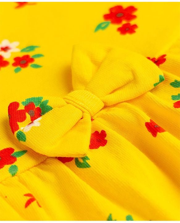 Babyhug Single Jersey Knit Half Sleeves Floral Printed Frock with Bloomer & Bow Applique - Yellow