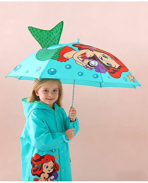 Babyhug Free Size Umbrella with Mermaid Print& Applique - Sea Green
