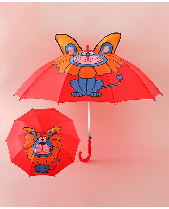 Babyhug Free Size Umbrella with Lion Print with Applique- Red