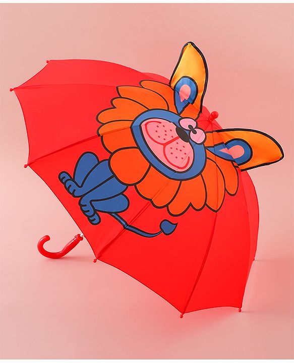 Babyhug Free Size Umbrella with Lion Print with Applique- Red