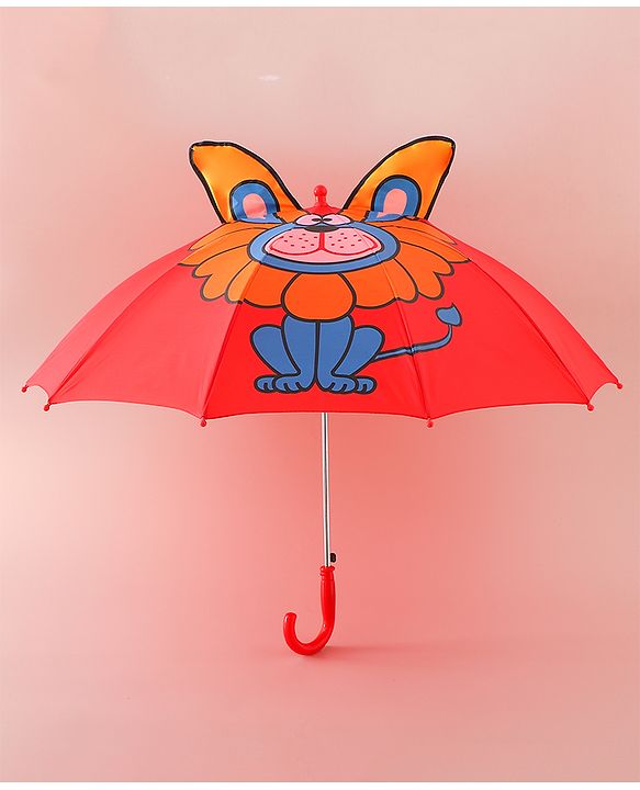 Babyhug Free Size Umbrella with Lion Print with Applique- Red