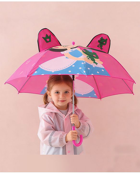 Babyhug Free Size Umbrella with Princess & Frog Print - Fuchsia