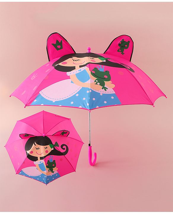 Babyhug Free Size Umbrella with Princess & Frog Print - Fuchsia