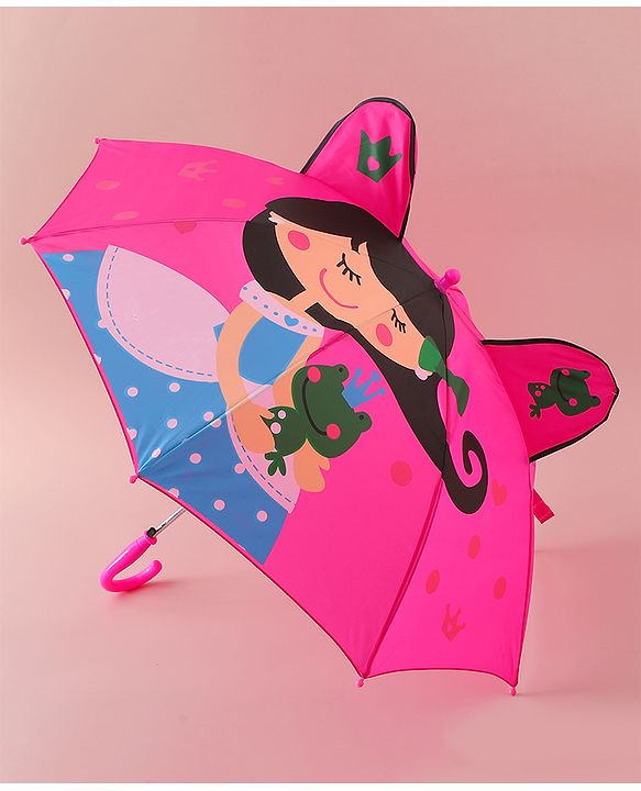 Babyhug Free Size Umbrella with Princess & Frog Print - Fuchsia