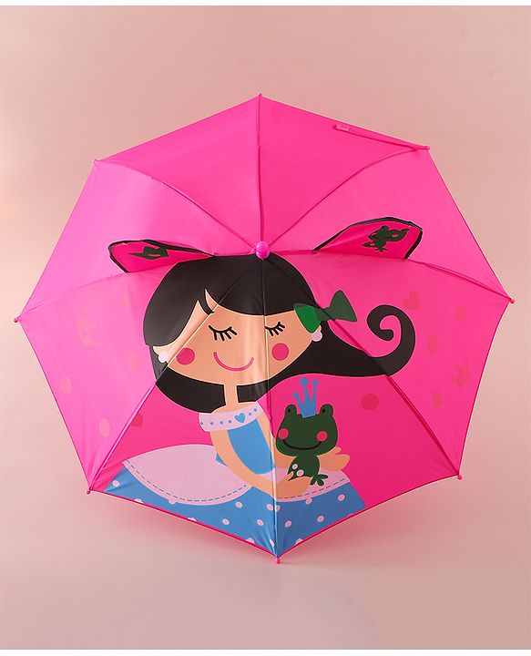Babyhug Free Size Umbrella with Princess & Frog Print - Fuchsia