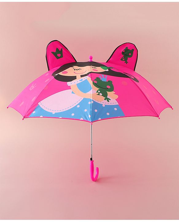 Babyhug Free Size Umbrella with Princess & Frog Print - Fuchsia