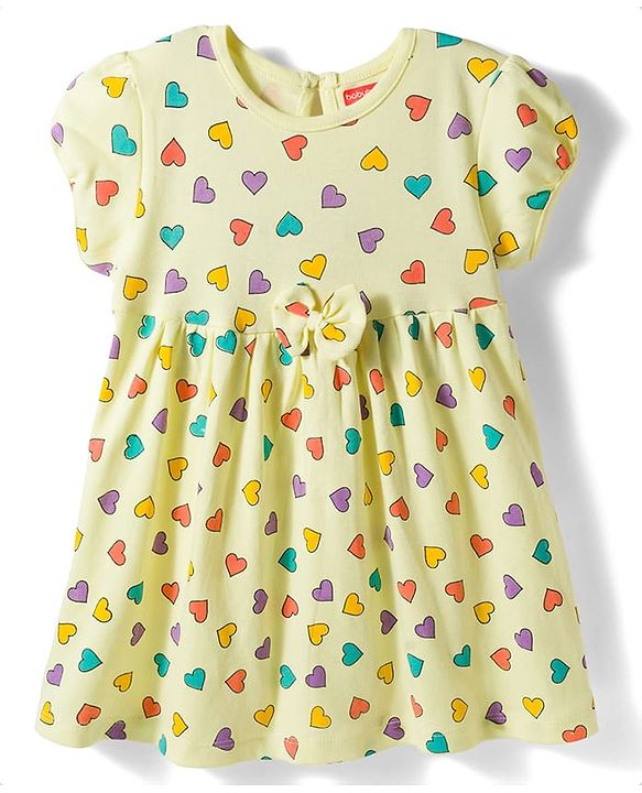 Babyhug 100% Cotton Knit Half Sleeves Hearts Printed Frock With Bow Applique - Yellow