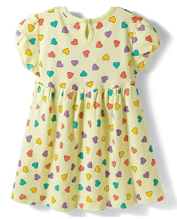 Babyhug 100% Cotton Knit Half Sleeves Hearts Printed Frock With Bow Applique - Yellow