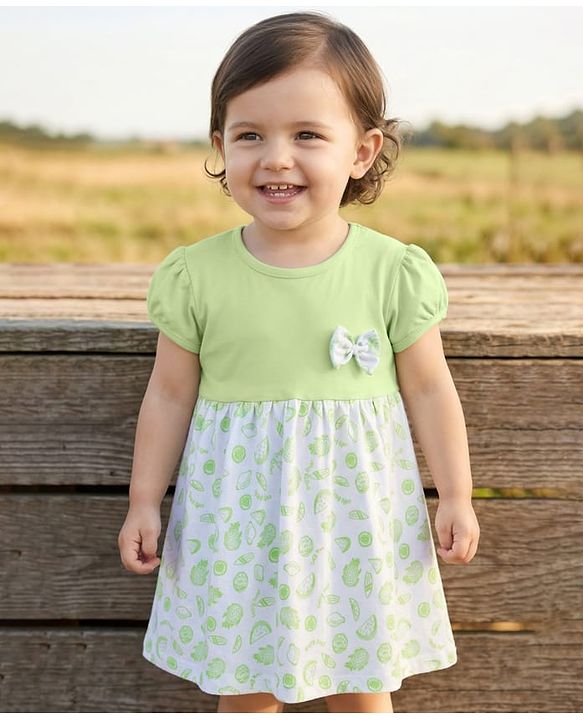 Babyhug Single Jersey Knit Half Sleeves Tropical Theme Printed Frock with Bow Applique - Green