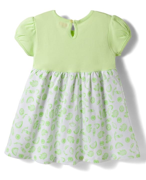Babyhug Single Jersey Knit Half Sleeves Tropical Theme Printed Frock with Bow Applique - Green
