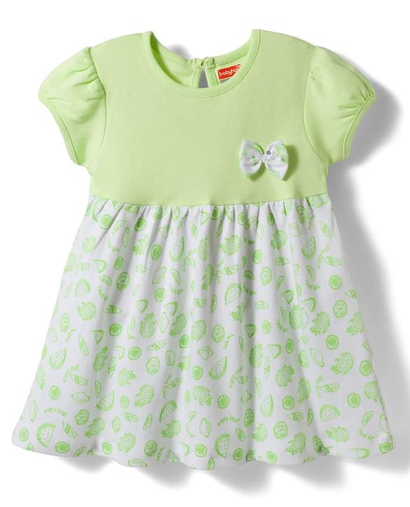 Babyhug Single Jersey Knit Half Sleeves Tropical Theme Printed Frock with Bow Applique - Green