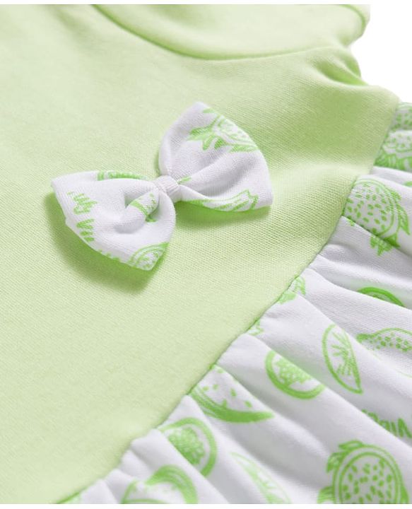 Babyhug Single Jersey Knit Half Sleeves Tropical Theme Printed Frock with Bow Applique - Green