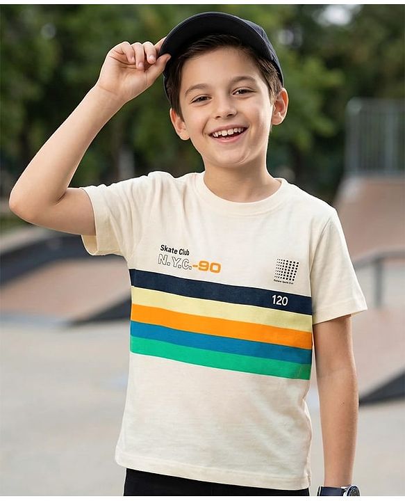 Pine Kids Cotton Knit Half Sleeves T-Shirt with Skate Print & Stripes - White