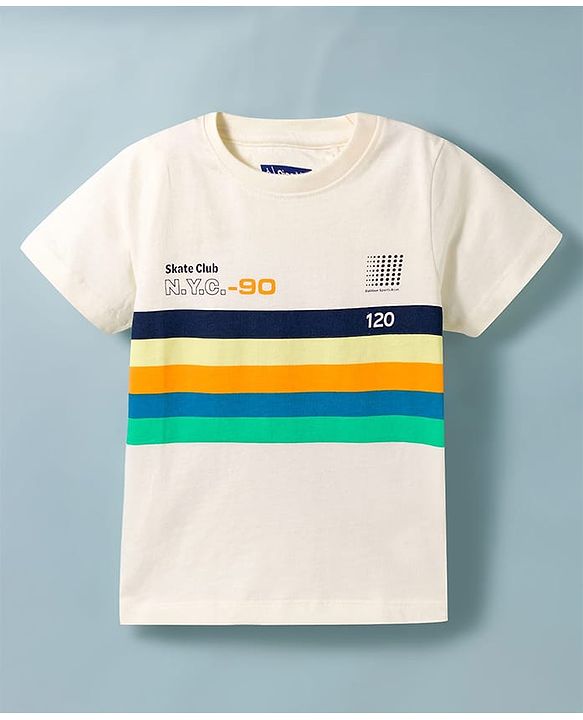 Pine Kids Cotton Knit Half Sleeves T-Shirt with Skate Print & Stripes - White