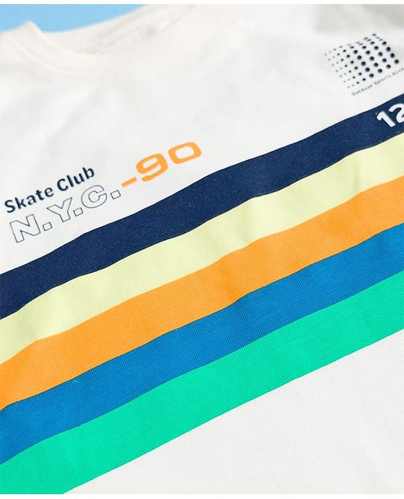 Pine Kids Cotton Knit Half Sleeves T-Shirt with Skate Print & Stripes - White