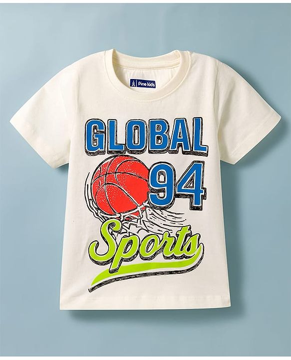 Pine Kids Cotton Knit Half Sleeves T-Shirt with Sport Print - White