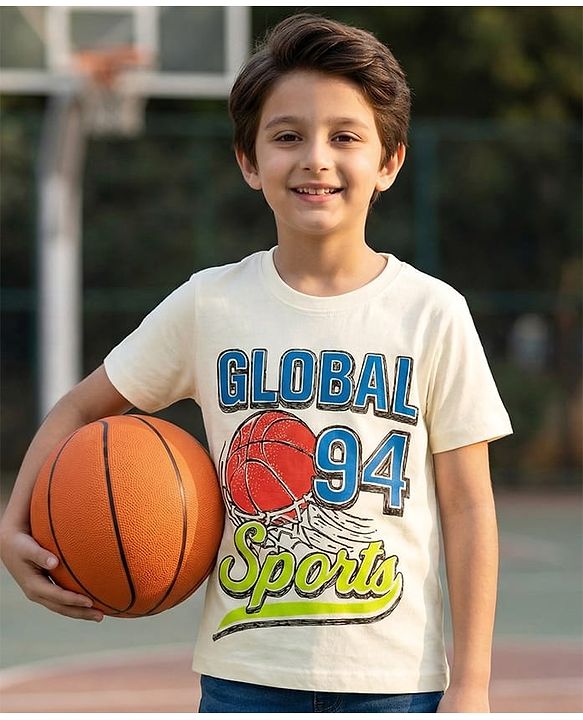 Pine Kids Cotton Knit Half Sleeves T-Shirt with Sport Print - White