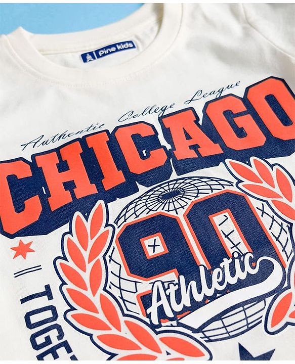 Pine Kids Cotton Knit Half Sleeves T-Shirt with Chicago Print - White