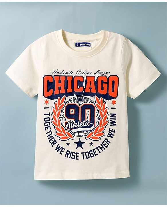 Pine Kids Cotton Knit Half Sleeves T-Shirt with Chicago Print - White