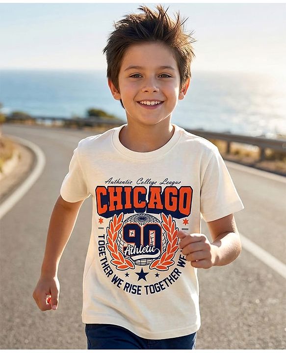 Pine Kids Cotton Knit Half Sleeves T-Shirt with Chicago Print - White