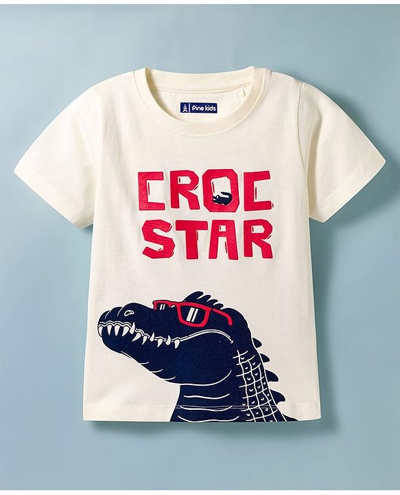 Pine Kids Cotton Knit Half Sleeves T-Shirt with Crocodile Print - White