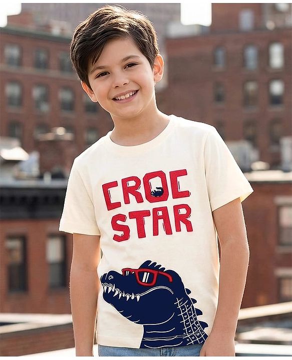Pine Kids Cotton Knit Half Sleeves T-Shirt with Crocodile Print - White