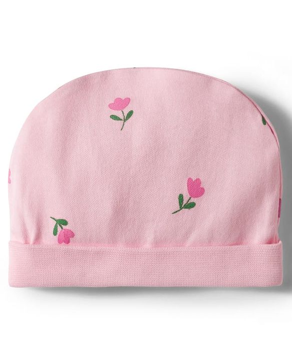 Babyhug 100% Cotton Knit Floral Printed Cap Mittens & Booties Set Pink - Diameter 12.5 cm