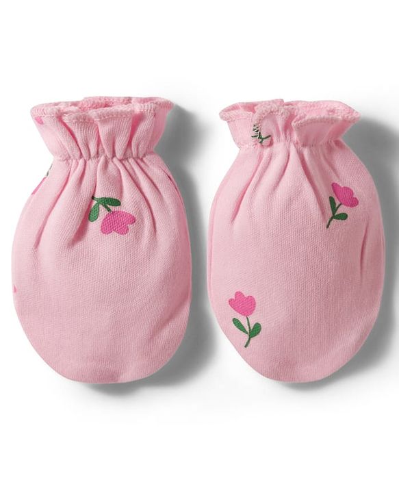Babyhug 100% Cotton Knit Floral Printed Cap Mittens & Booties Set Pink - Diameter 12.5 cm