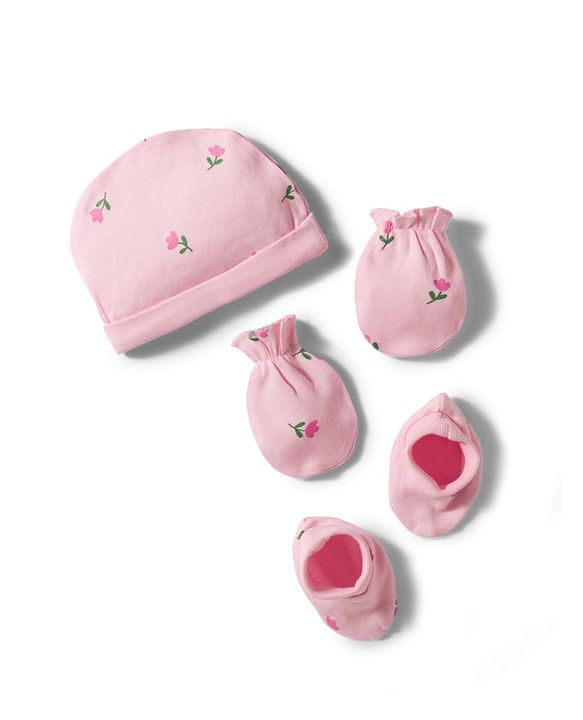 Babyhug 100% Cotton Knit Floral Printed Cap Mittens & Booties Set Pink - Diameter 12.5 cm