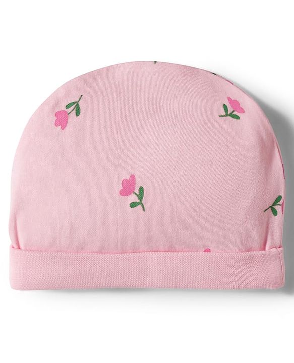 Babyhug 100% Cotton Knit Floral Printed Cap Mittens & Booties Set Pink - Diameter 12.5 cm