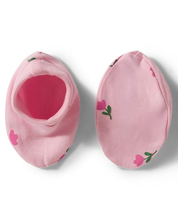 Babyhug 100% Cotton Knit Floral Printed Cap Mittens & Booties Set Pink - Diameter 12.5 cm