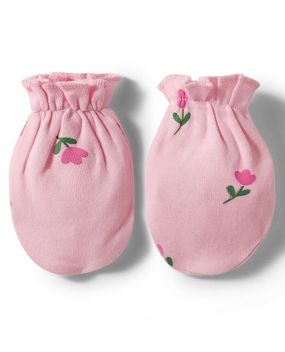 Babyhug 100% Cotton Knit Floral Printed Cap Mittens & Booties Set Pink - Diameter 12.5 cm