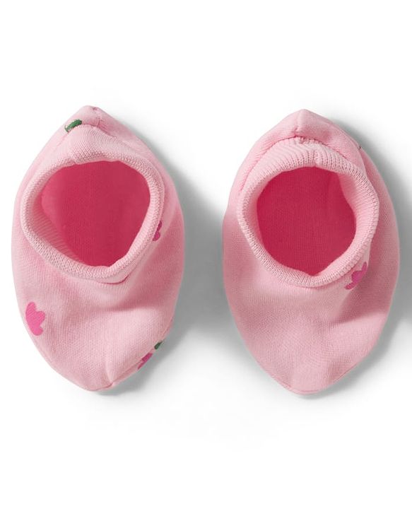 Babyhug 100% Cotton Knit Floral Printed Cap Mittens & Booties Set Pink - Diameter 12.5 cm
