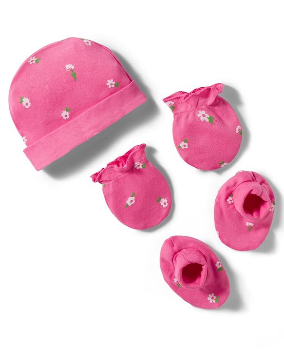 Babyhug 100% Cotton Knit Floral Printed Cap Mittens & Booties Set Pink - Diameter 9.5 cm
