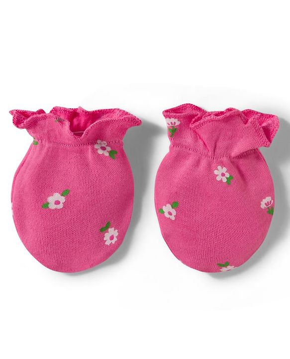Babyhug 100% Cotton Knit Floral Printed Cap Mittens & Booties Set Pink - Diameter 9.5 cm