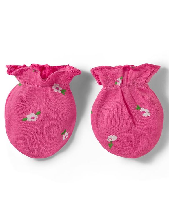 Babyhug 100% Cotton Knit Floral Printed Cap Mittens & Booties Set Pink - Diameter 9.5 cm