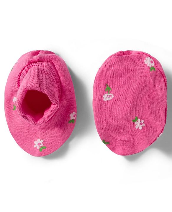 Babyhug 100% Cotton Knit Floral Printed Cap Mittens & Booties Set Pink - Diameter 9.5 cm