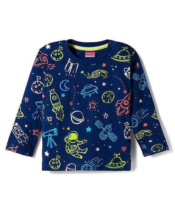 Babyhug Cotton Knit Full Sleeves T-Shirt & Pyjama Co-ord Night Suit With Space Theme Print - Navy Blue