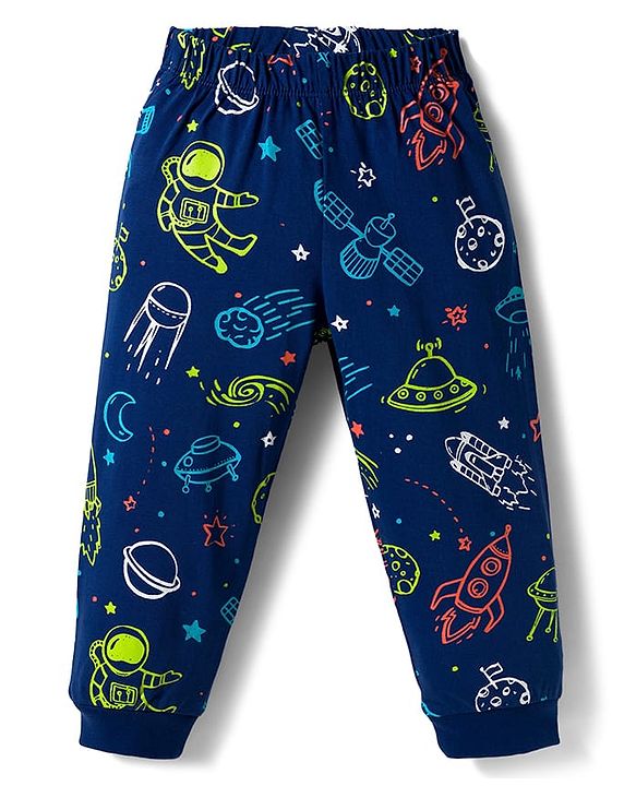 Babyhug Cotton Knit Full Sleeves T-Shirt & Pyjama Co-ord Night Suit With Space Theme Print - Navy Blue