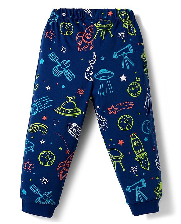 Babyhug Cotton Knit Full Sleeves T-Shirt & Pyjama Co-ord Night Suit With Space Theme Print - Navy Blue