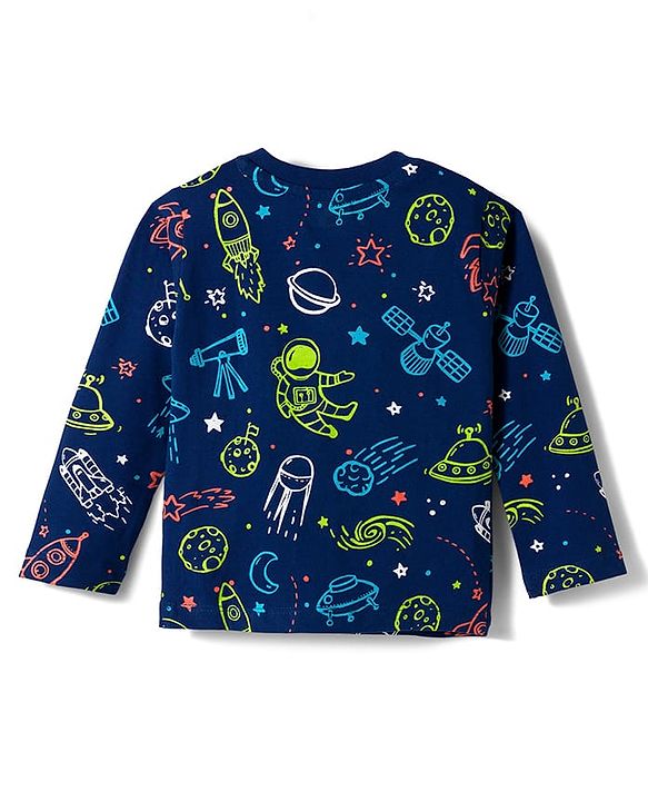 Babyhug Cotton Knit Full Sleeves T-Shirt & Pyjama Co-ord Night Suit With Space Theme Print - Navy Blue