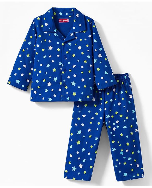 Babyhug Cotton Knit Full Sleeves Co-Ords Shirt & Pyjama Night-Suit With Star Print - Blue