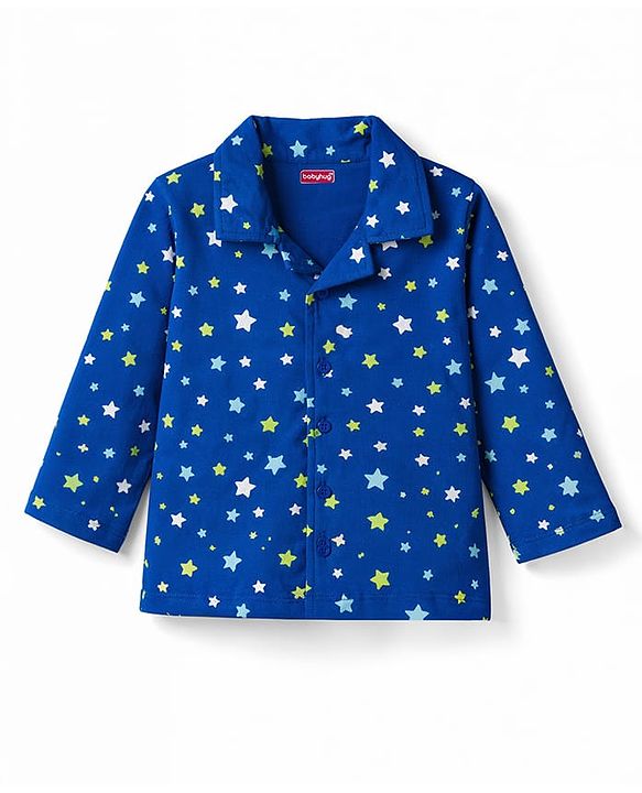 Babyhug Cotton Knit Full Sleeves Co-Ords Shirt & Pyjama Night-Suit With Star Print - Blue