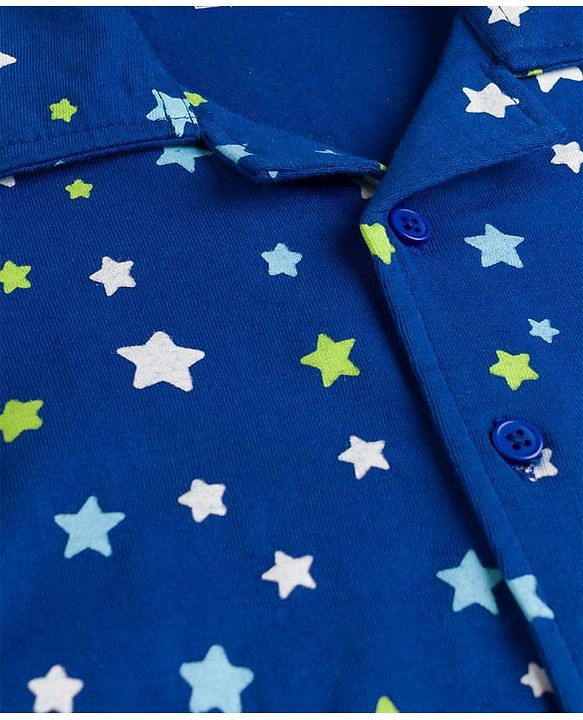 Babyhug Cotton Knit Full Sleeves Co-Ords Shirt & Pyjama Night-Suit With Star Print - Blue